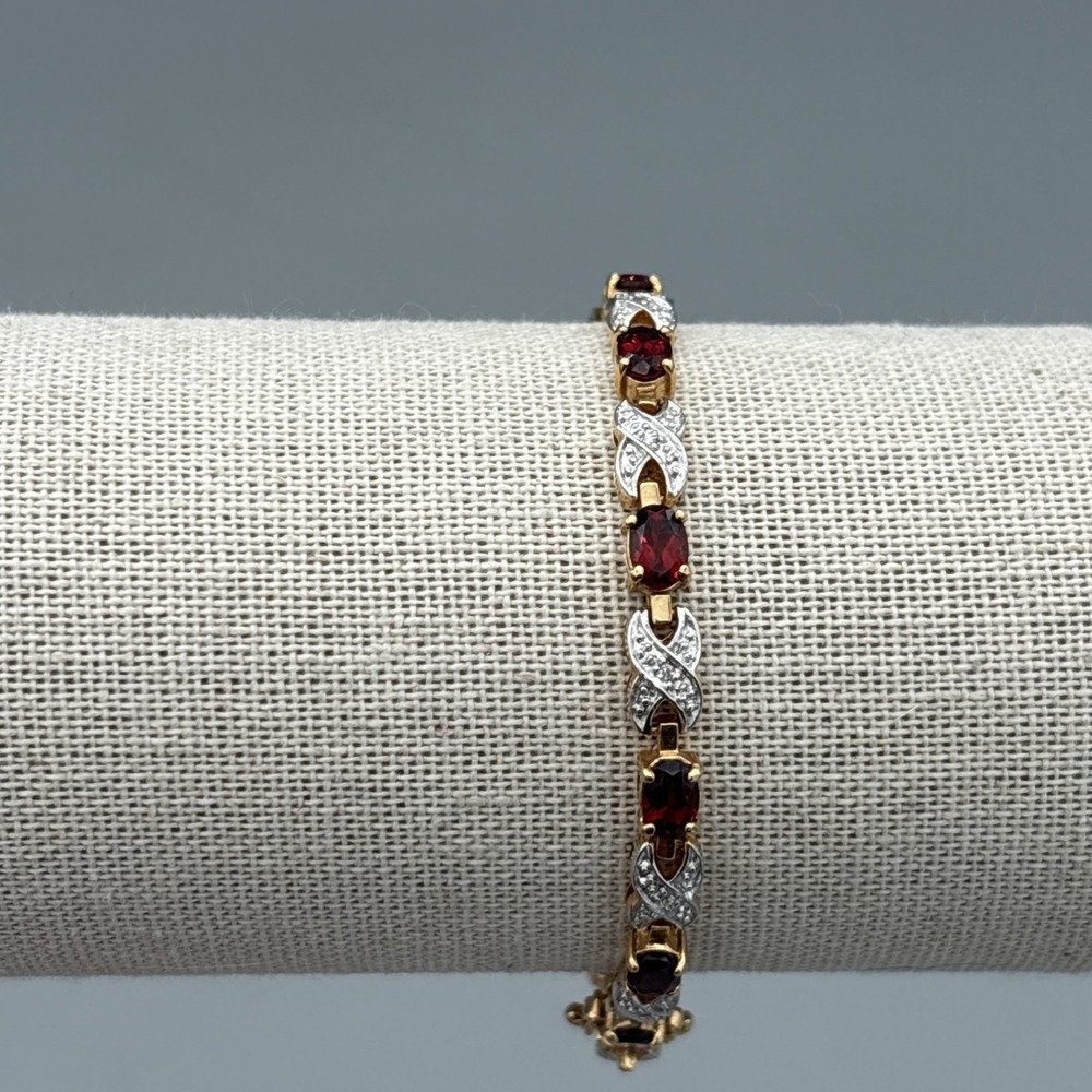 Tennis Bracelet & Earrings Set Garnets & Rhinestones Gold Tone Red Stunning GIFT - Picture 8 of 15